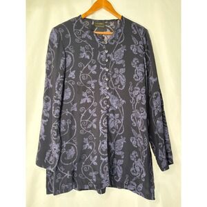 Louben Vintage Floral Button Up Tunic Blouse Black Purple Made in Canada Women